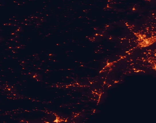 Satellite night-light map of the 100 km around Sierra de María-Los Vélez Natural Park, with Murcia, Lorca and Campiña marked