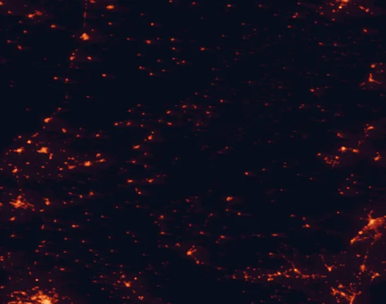 Satellite night-light map of the 100 km around Sierras de Cazorla, Segura y Las Villas Natural Park, with Campiña, Jaén and Lorca marked