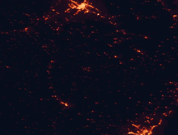 Satellite night-light map of the 100 km around Cuencas Mineras, with Zaragoza, Castelló de la Plana and Teruel marked