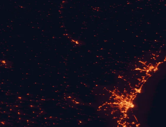 Satellite night-light map of the 100 km around Gúdar-Javalambre, with Valencia, Castelló de la Plana and Torrent marked