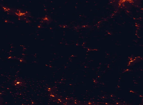 Satellite night-light map of the 100 km around Posets-Maladeta Natural Park, with Pau, Tarbes and Huesca marked