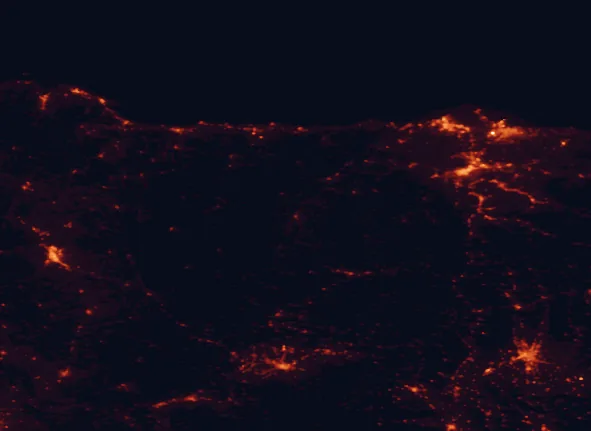 Satellite night-light map of the 100 km around Fuentes del Narcea Natural Park, with Oviedo, Gijón and León marked