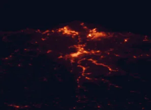 Satellite night-light map of the 50 km around Oviedo, with Gijón, Avilés and Mieres marked