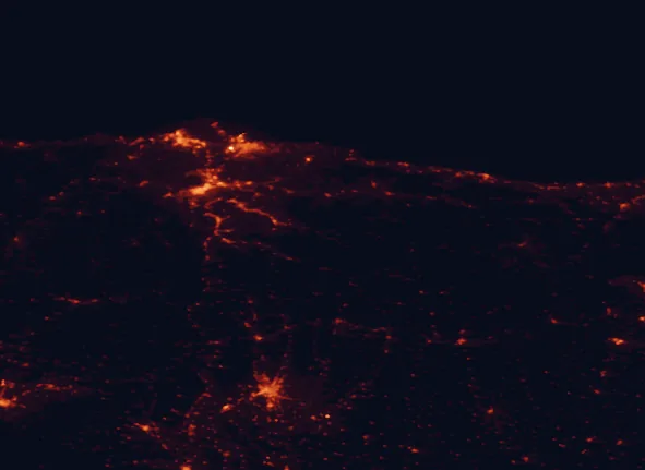 Satellite night-light map of the 100 km around Redes Natural Park, with Gijón, Oviedo and León marked
