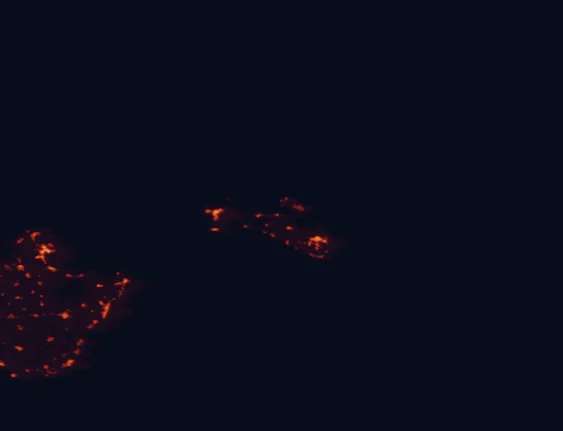 Satellite night-light map of the 100 km around Menorca, with Maó, Ciutadella and Manacor marked