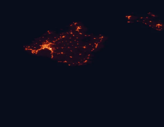 Satellite night-light map of the 100 km around Mondragó Natural Park, with Palma, Manacor and Llucmajor marked