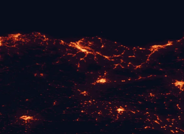 Satellite night-light map of the 100 km around Gorbea Natural Park, with Bilbao, Gasteiz / Vitoria and Donostia / San Sebastián marked