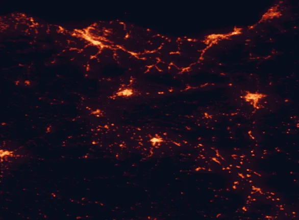 Satellite night-light map of the 100 km around Izki Natural Park, with Gasteiz / Vitoria, Bilbao and Logroño marked
