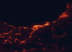 Satellite night-light map of the 50 km around San Sebastián, with Irun, Errenteria and Hernani marked