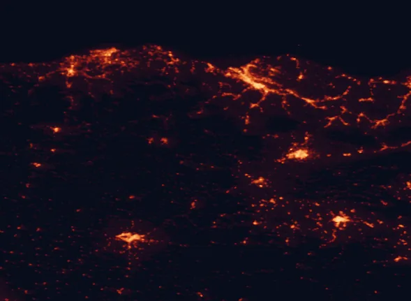 Satellite night-light map of the 100 km around Valderejo Natural Park, with Bilbao, Gasteiz / Vitoria and Burgos marked