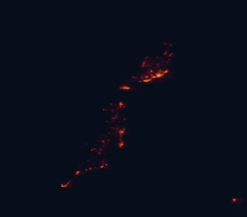 Satellite night-light map of the 100 km around Corralejo Natural Park, with Arrecife, Puerto del Rosario and La Oliva marked