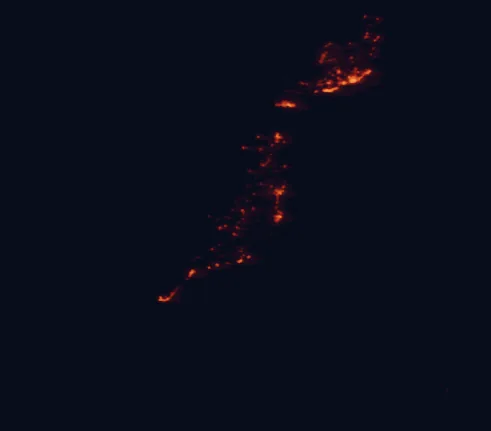 Satellite night-light map of the 100 km around Fuerteventura, with Puerto del Rosario, Pájara and Arrecife marked