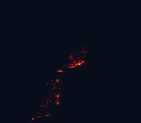 Satellite night-light map of the 100 km around Los Volcanes Natural Park, with Arrecife, Puerto del Carmen and Teguise marked