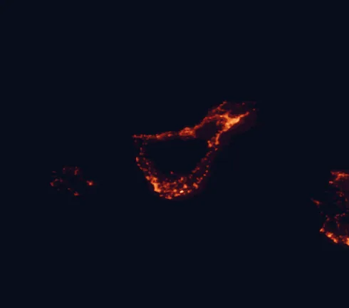 Satellite night-light map of the 100 km around Teide National Park, with Santa Cruz de Tenerife, La Laguna and Arona marked