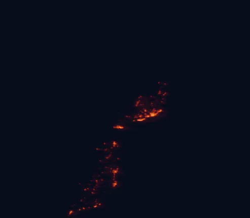 Satellite night-light map of the 100 km around Timanfaya National Park, with Arrecife, Puerto del Carmen and Tías marked