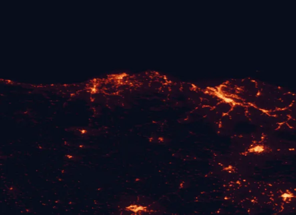 Satellite night-light map of the 100 km around Collados del Asón Natural Park, with Bilbao, Santander and Gasteiz / Vitoria marked