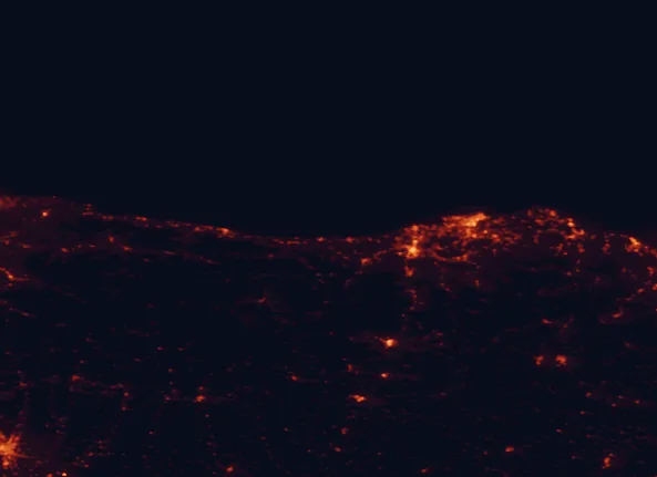 Satellite night-light map of the 100 km around Oyambre Natural Park, with Santander, Torrelavega and Camargo marked