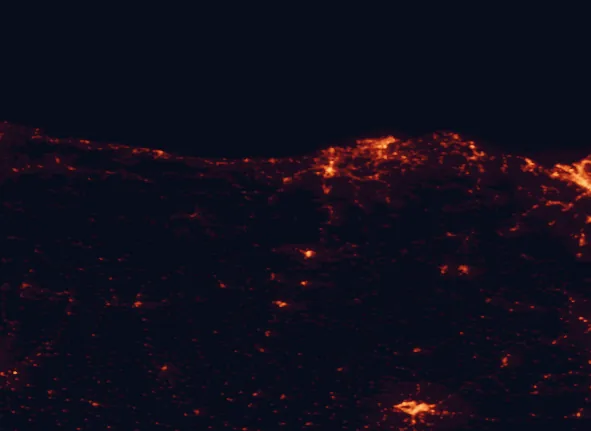 Satellite night-light map of the 100 km around Saja-Besaya Natural Park, with Santander, Burgos and Torrelavega marked