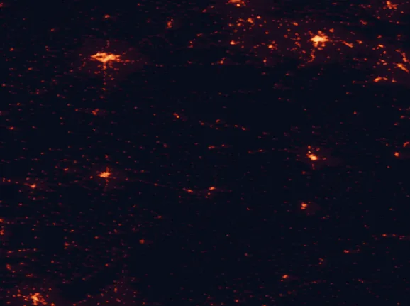 Satellite night-light map of the 100 km around Cañón del Río Lobos Natural Park, with Burgos, Logroño and Soria marked