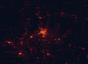 Satellite night-light map of the 50 km around León, with Villaquilambre, Valverde de la Virgen and Astorga marked
