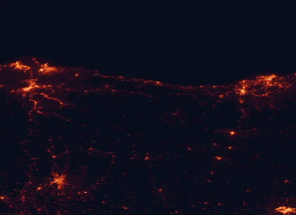 Satellite night-light map of the 100 km around Picos de Europa National Park, with Gijón, Oviedo and Santander marked