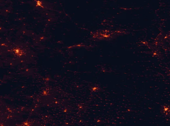 Satellite night-light map of the 100 km around Porto and Upper Sanabria, with Ourense, Ponferrada and Lugo marked
