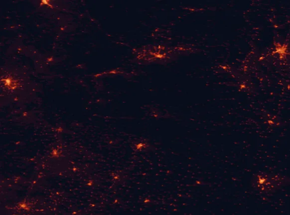 Satellite night-light map of the 100 km around Sanabria Lake Natural Park, with Ponferrada, León and Ourense marked