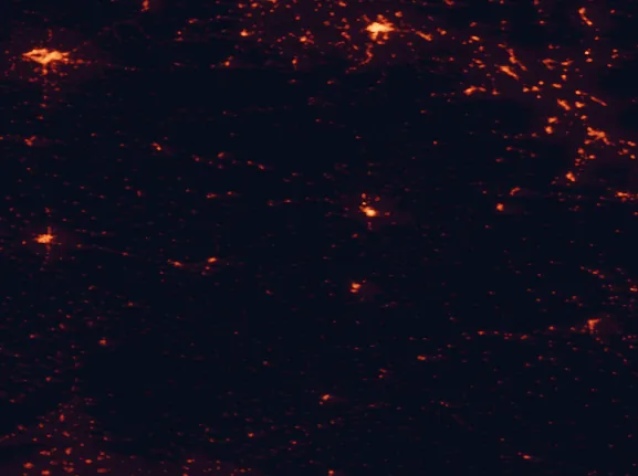 Satellite night-light map of the 100 km around Soria Province, with Logroño, Burgos and Soria marked