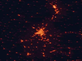 Satellite night-light map of the 50 km around Valladolid, with Palencia, Laguna de Duero and Arroyo de la Encomienda marked
