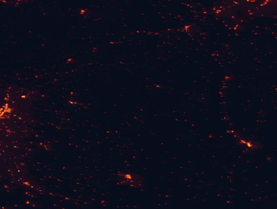 Satellite night-light map of the 100 km around Alto Tajo Natural Park, with Guadalajara, Cuenca and Teruel marked