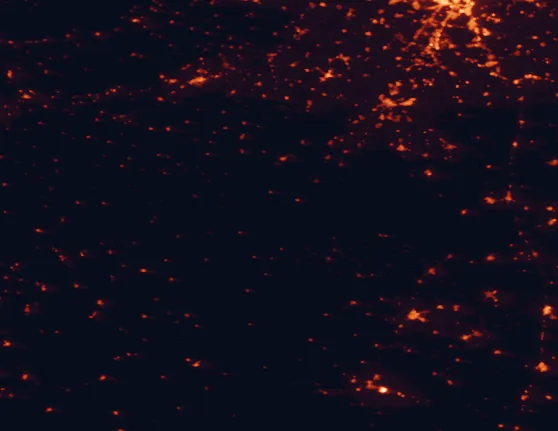 Satellite night-light map of the 100 km around Cabañeros National Park, with Toledo, Talavera de la Reina and Parla marked