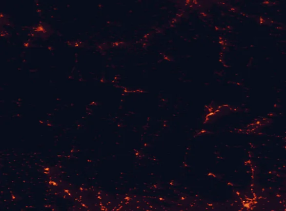 Satellite night-light map of the 100 km around Aigüestortes i Estany de Sant Maurici National Park, with Manresa, Tarbes and Andorra la Vella marked