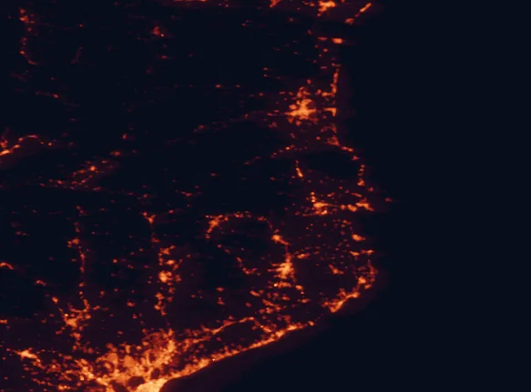 Satellite night-light map of the 100 km around Albanyà, with Terrassa, Sabadell and Girona marked