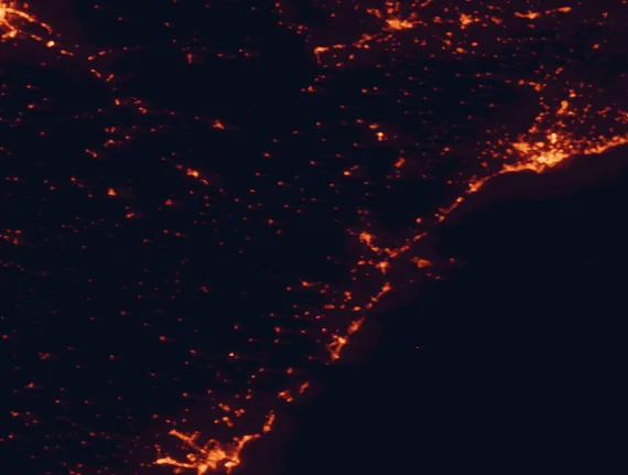 Satellite night-light map of the 100 km around Els Ports Natural Park, with Castelló de la Plana, Tarragona and Lleida marked