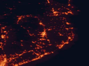 Satellite night-light map of the 50 km around Girona, with Figueres, Blanes and Lloret de Mar marked