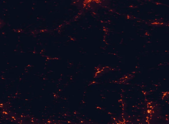 Satellite night-light map of the 100 km around High Pyrenees Natural Park, with Andorra la Vella, Carcassonne and les Escaldes marked