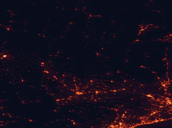 Satellite night-light map of the 100 km around Montsec, with Lleida, Manresa and Huesca marked