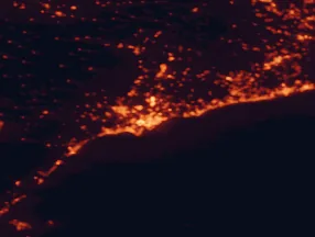 Satellite night-light map of the 50 km around Tarragona, with Reus, Salou and Vilanova i la Geltrú marked