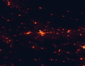 Satellite night-light map of the 50 km around Badajoz, with Montijo, Elvas and Olivenza marked