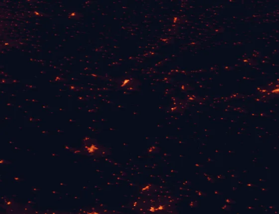 Satellite night-light map of the 100 km around Monfragüe National Park, with Cáceres, Plasencia and Navalmoral de la Mata marked