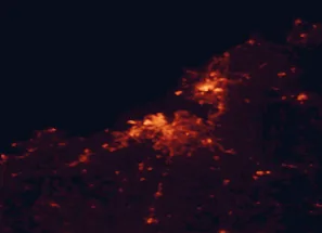 Satellite night-light map of the 50 km around A Coruña, with Ferrol, Oleiros and Culleredo marked