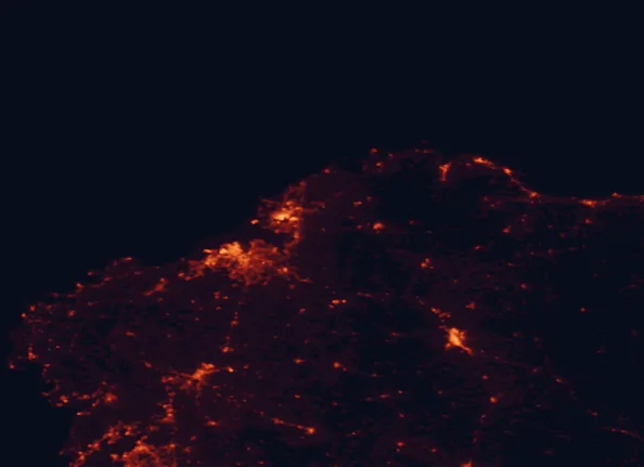 Satellite night-light map of the 100 km around Fragas do Eume Natural Park, with A Coruña, Ferrol and Lugo marked