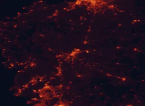 Satellite night-light map of the 50 km around Santiago de Compostela, with Ribeira, Teo and Vilagarcía de Arousa marked