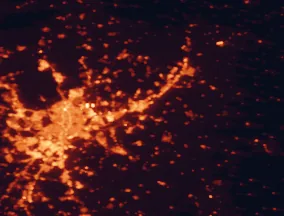 Satellite night-light map of the 50 km around Alcalá de Henares, with Madrid, Ciudad Lineal and Torrejón de Ardoz marked