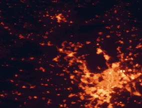 Satellite night-light map of the 50 km around Collado-Villalba, with Madrid, Ciudad Lineal and Móstoles marked