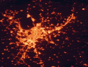 Satellite night-light map of the 50 km around Coslada, with Madrid, Ciudad Lineal and Alcalá de Henares marked
