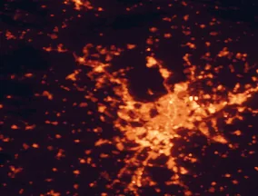 Satellite night-light map of the 50 km around Las Rozas de Madrid, with Madrid, Ciudad Lineal and Móstoles marked