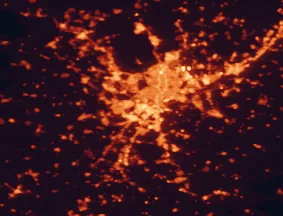 Satellite night-light map of the 50 km around Leganés, with Madrid, Fuenlabrada and Móstoles marked