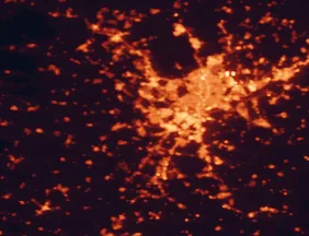 Satellite night-light map of the 50 km around Móstoles, with Madrid, Alcorcón and Fuenlabrada marked