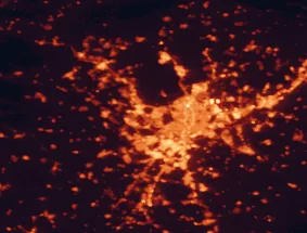 Satellite night-light map of the 50 km around Pozuelo de Alarcón, with Madrid, Ciudad Lineal and Móstoles marked